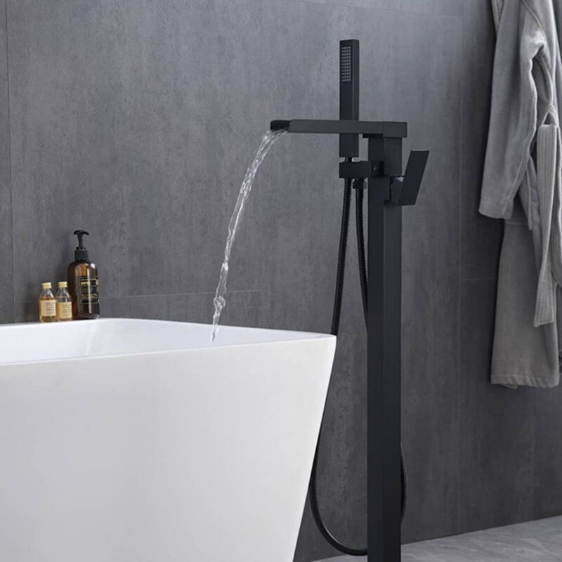 Garniture de robinet de baignoire sur pattes avec douche à main fixée au sol, Noir mat