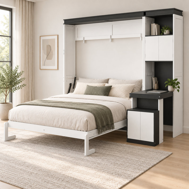 Lit escamotable Deskvora (taille standard) avec bureau intégré, étagères et placards de rangement réversibles, blanc, gain de place, structure en bois massif et MDF, sommier à lattes en pin.