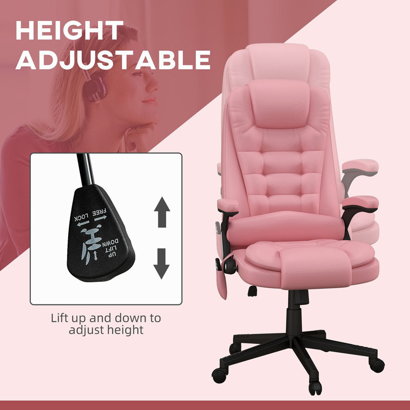 Chaise d'ordinateur de massage à haut dossier avec 6 points de vibration et fauteuil chauffant inclinable en cuir PU avec accoudoirs et télécommande, rose