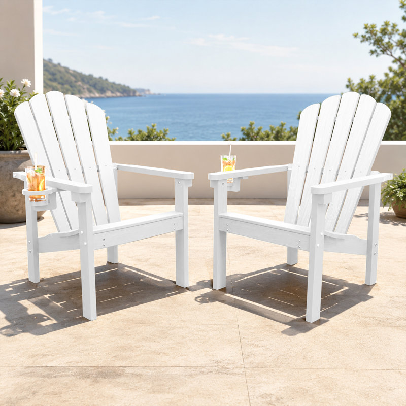 Dareona Set Of 4 Hdpe Stackable Adirondack Chairs With Cup Holders, All-Weather Outdoor Patio Chairs, White, 4