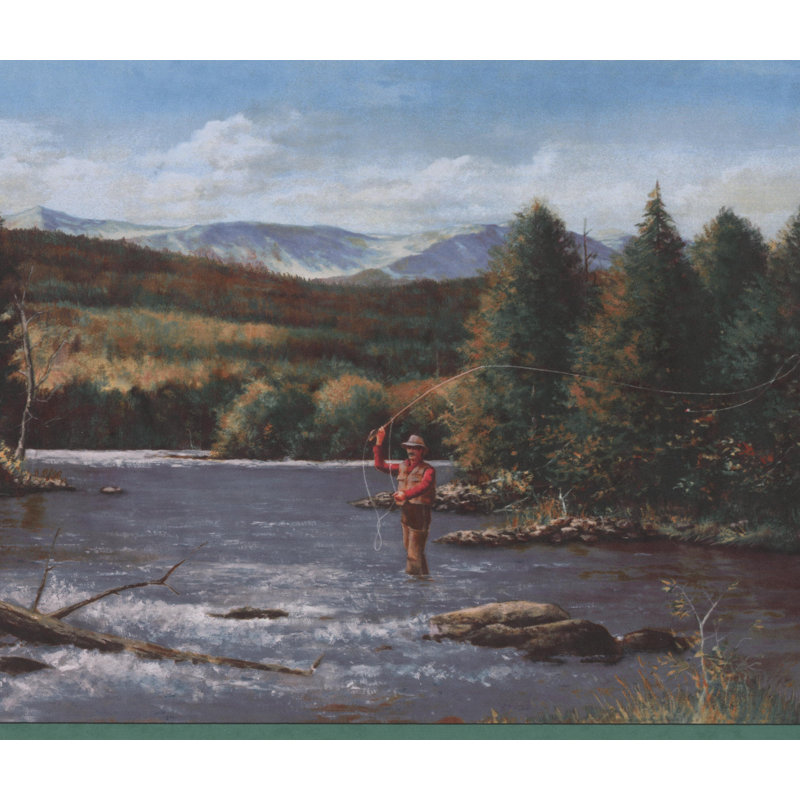 Bordure de papier peint avec passe-tringle Braziel Fisherman avec tige au milieu de la rivière Mountain