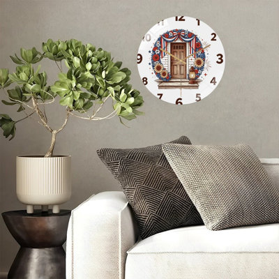 12-Inch Silent Tempered Glass Wall Clock, " Patriotic Door Wreat ” Silent Non-Ticking Clock, Battery Operated (AA Batteries Not Included), Artistic Home Decor