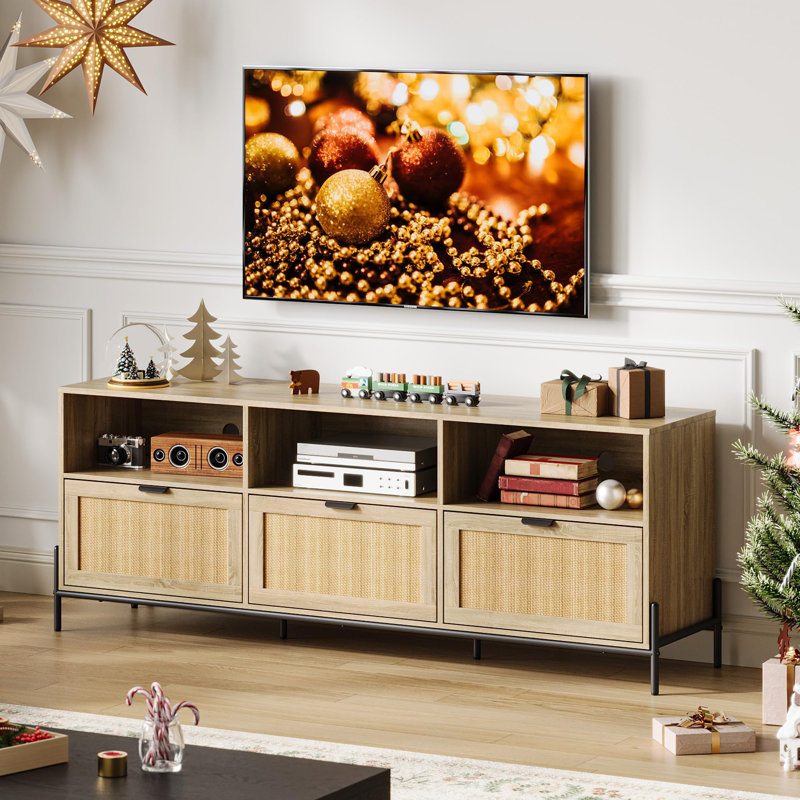 Natural Oak and Rattan TV Stand with Open Shelves and Drawers
