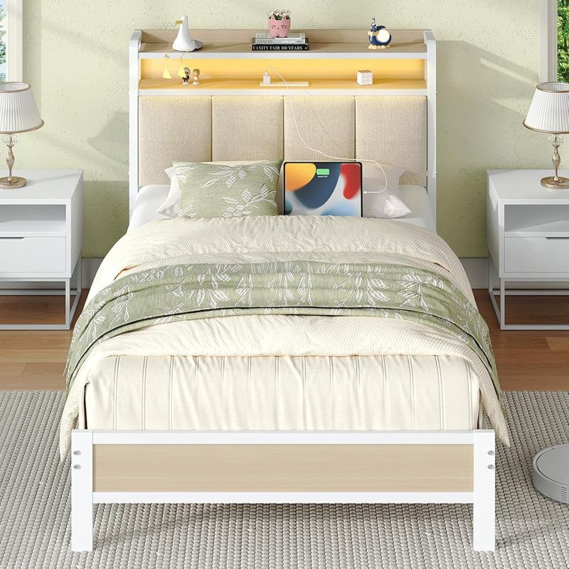 Bed Frame with Storage Headboard, Upholstered Platform Bed with Charging Station and LED Lights, Heavy Duty Metal Slats, Twin