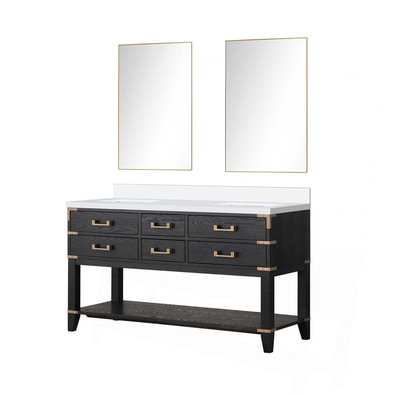 Meuble-lavabo double avec miroirs et tablette ouverte, 60"