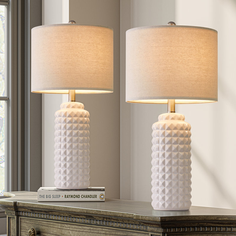 White Ceramic Table Lamps with Beige Linen Shades, Set of 2