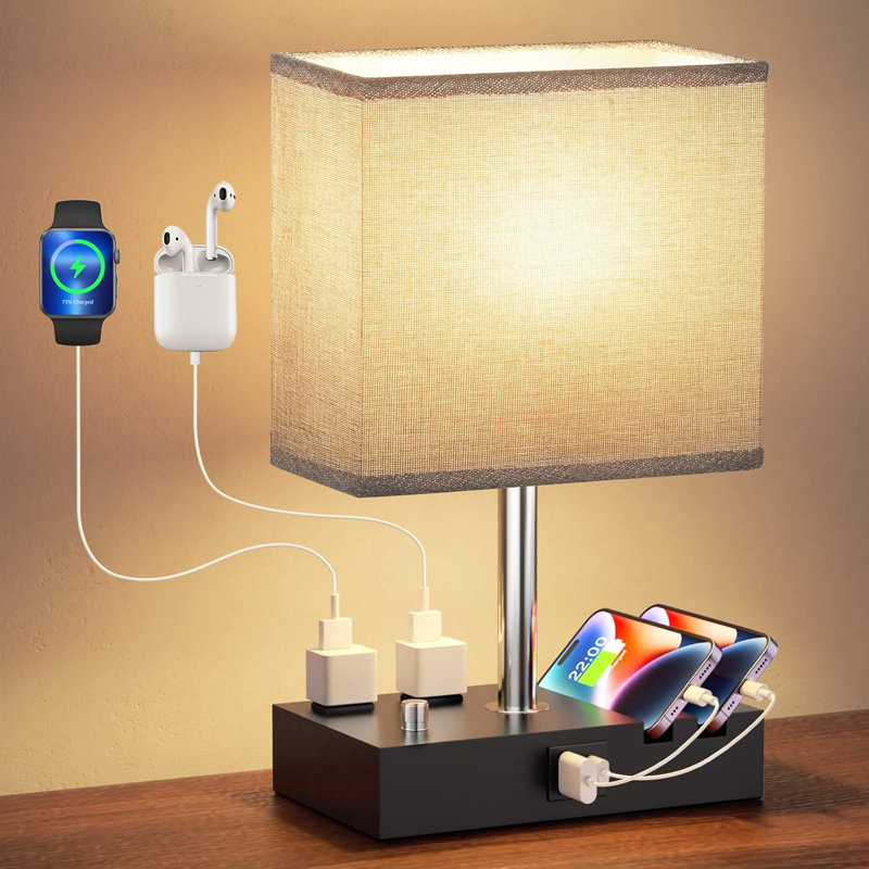 Grey Small Bedside Table Lamp with Charging Outlets and Phone StandsWooden Desk Lamp for Living Room