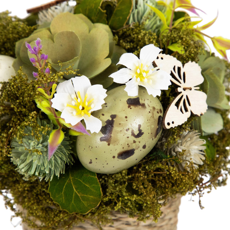 Arrangement artificiel en bois à motif floral et œuf de Pâques - 7 po