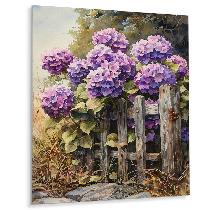 Été hortensias par The Farm Fence V - reproduction d'art traditionnelle en métal, hydrangées en métal, H 32 po x l 16 po