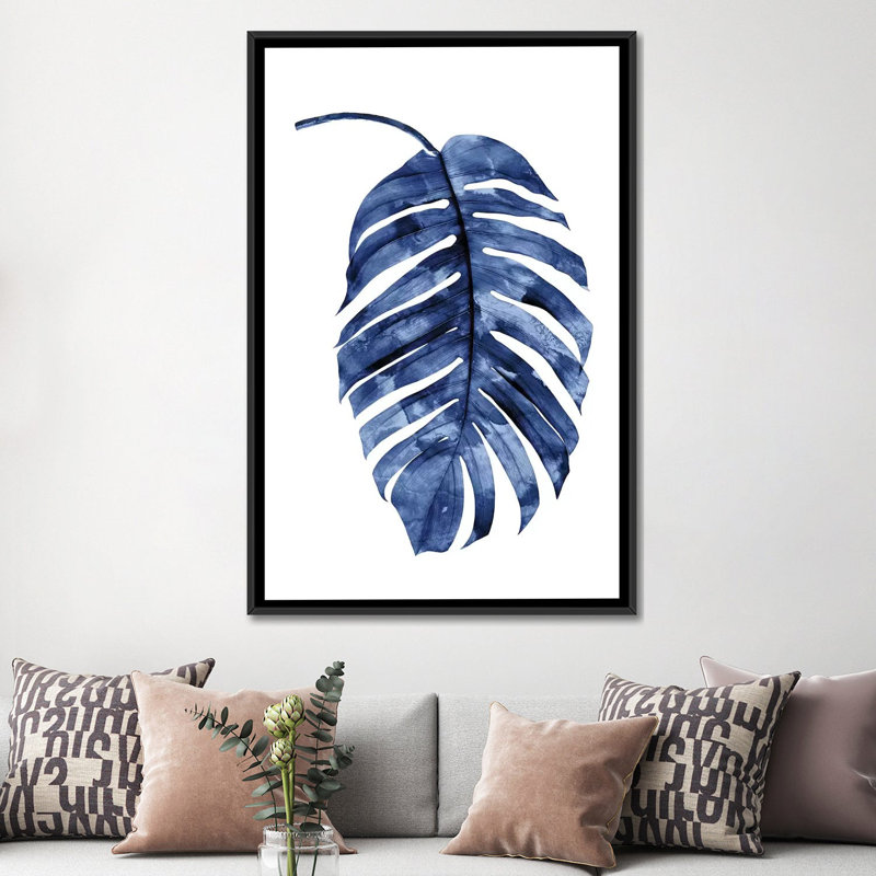 «Palm II», reproduction d'impression sur toile indigo, H 26 po x l 18 po x P 1,5 po, Toile avec cadre noir, Pas de tapis