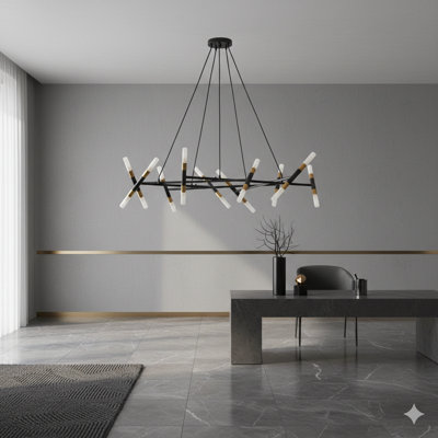Un lustre moderne noir et doré de 41 pouces avec une conception de branche, des tubes givrés et des cordons noirs. Ce luminaire suspendu à hauteur réglable convient aux salles à manger, aux salons ou aux îlots de cuisine (l'ampoule n'est pas incluse).