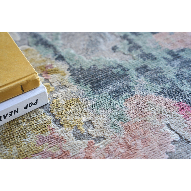 Rectangle Floor Art Abstract Hand-Knotted Bamboo Slat/Seagrass Area Rug in Silver/Blush, Rectangle 8' x 10'