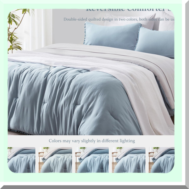 Pom Pom Fringe Comforter Set - 5-Piece Reversible Bed in a Bag with Sheets & Pillowcases - Cozy Bedding Set for Beds