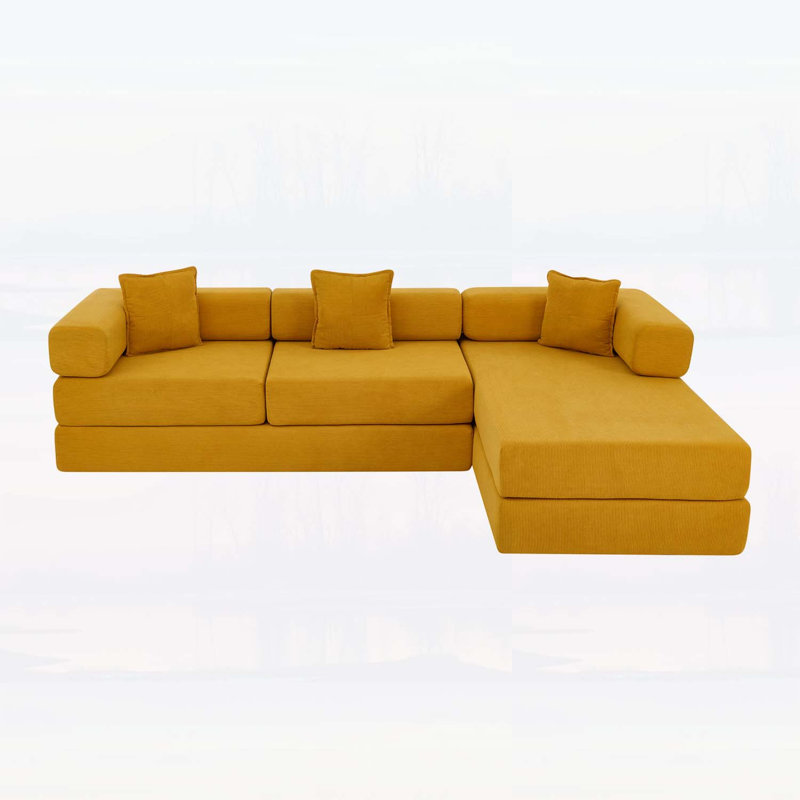 Canapé modulaire de 108 po avec méridienne en L et siège profond sans dossier pour un confort ultime, Yellow Corduroy, Yellow
