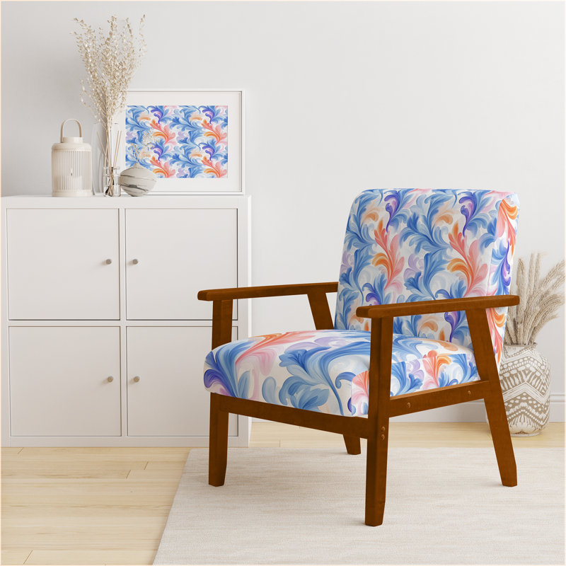 Chaise d'appoint French Country - Fauteuil bleu à motif cachemire Petal Curl, Accoudoirs carrés bruns