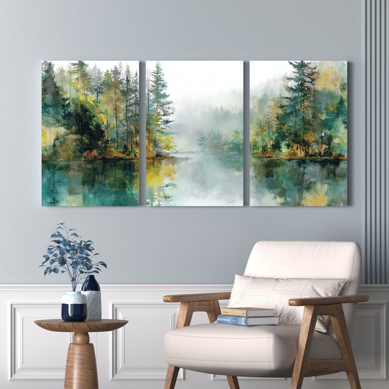 «Forest Lake Landscape», ensemble de 3 reproductions d'art sur toile tendues, H 36 po x l 72 po