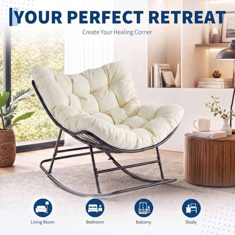 Fauteuil à bascule Papasan surdimensionné en forme d'œuf, pivotant et confortable, avec coussin épais, beige., Beige