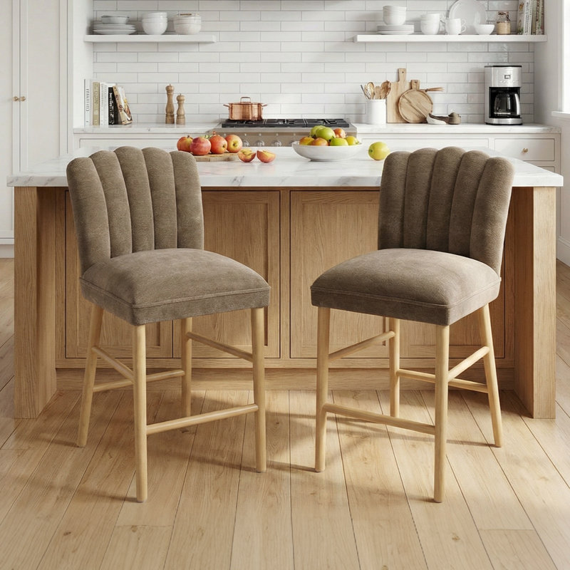Mid-Century Petal Back Counter Height Bar Stools, Upholstered Bar Chairs with Solid Wood Frame, High Density Foam Cushion for Kitchen Island