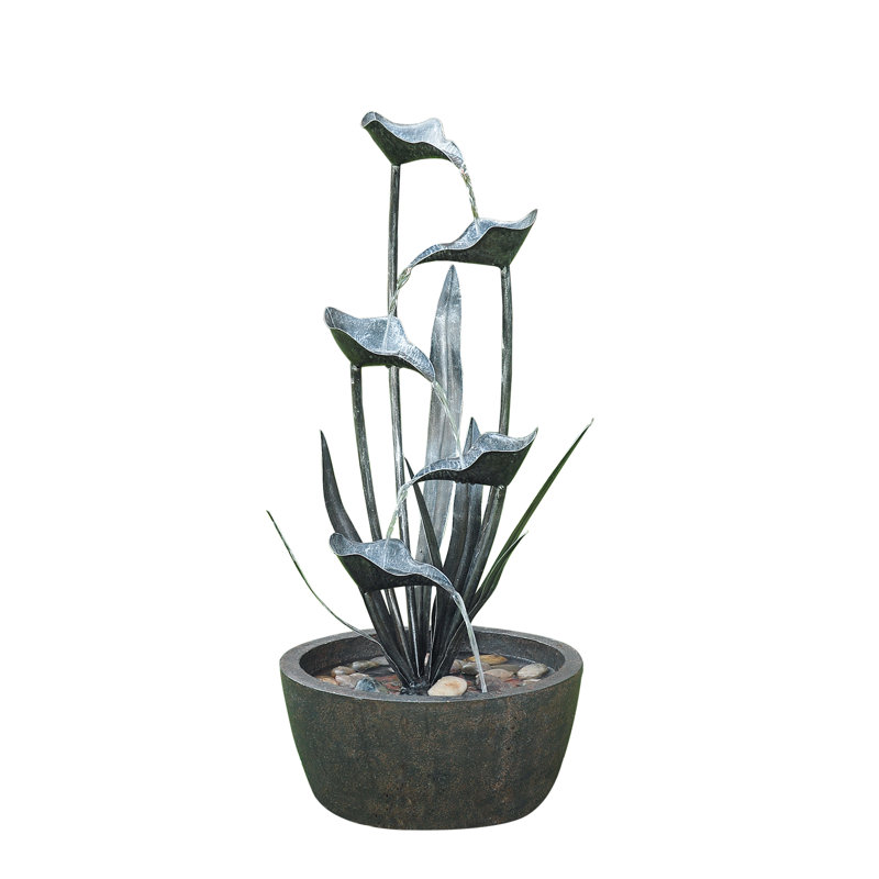 Tiered Leaves Stainless Metal Fountain Outdoor, Silver, 35.5" H x 15.25" W x 15.25" D
