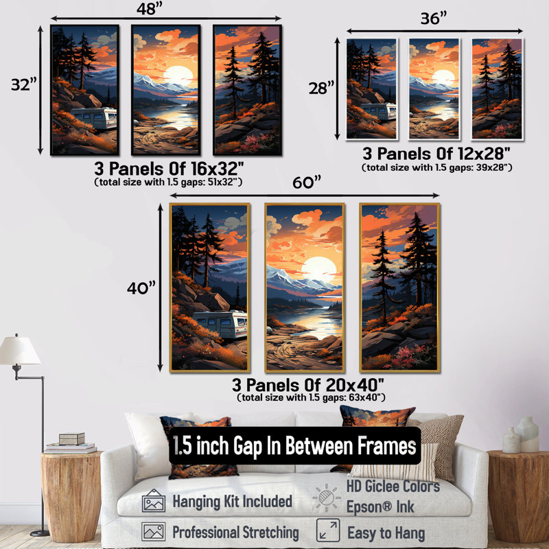 «Camping Van Charm At Sunset», ensemble d'art mural sur toile, Cadre flottant noir, H 40 po x l 60 po x P 1 po