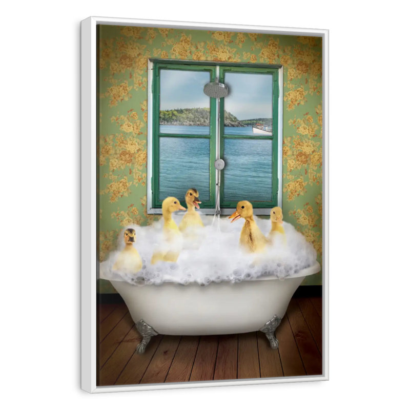 Ducks In Bath Tub, 25" x 37", Floating Frame White
