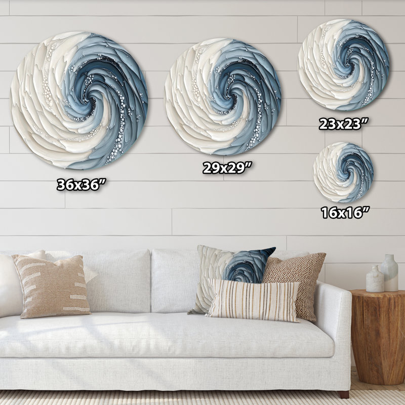 «Blue White Coastal Ocean Spiral», art mural moderne abstrait en métal, impression d'art contemporain, H 23 po x l 23 po