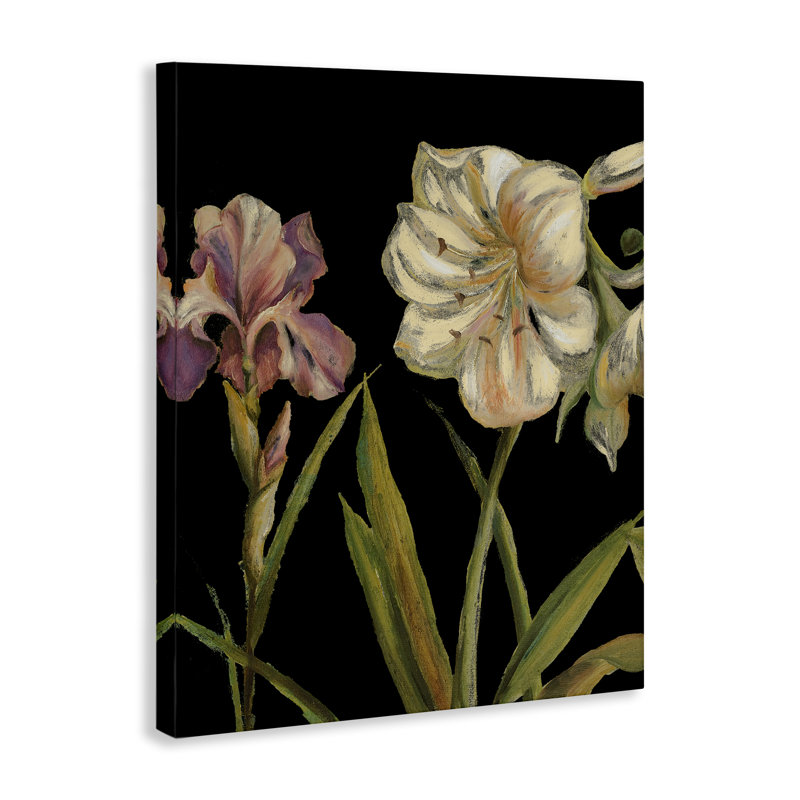 Iris, fleurs sur toile noire par Patricia Pinto, H 20 po x l 16 po