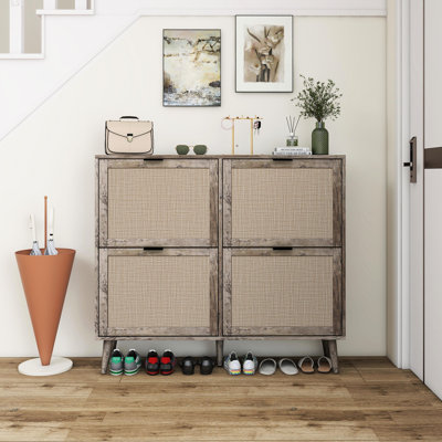 Armoire porte-chaussures 4 portes, autoportante, moderne, gris foncé, capacité de charge de 88 lb, d'ingénierie, intérieur à double couche, barre horizontale pour la stabilité du support d'entrée, charge, double couche, barre,