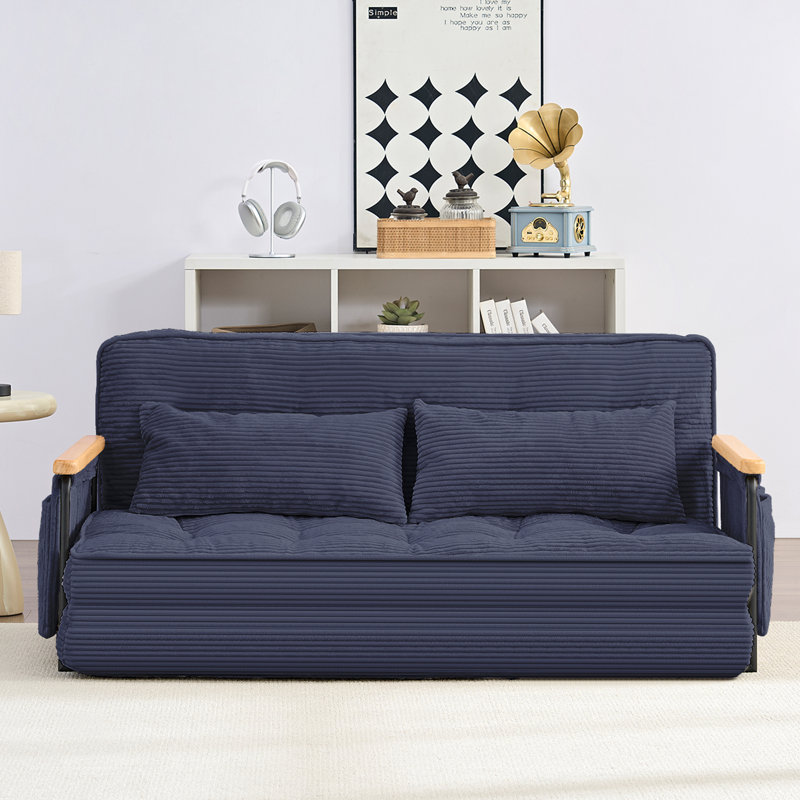 Fauteuil inclinable convertible 2-en-1 avec accoudoirs en bois et poches latérales, Bleu