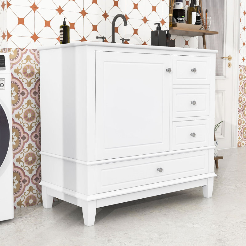 Meuble-lavabo simple contemporain en bois avec comptoir en céramique, 3 tiroirs et rangement pour armoire, Blanc