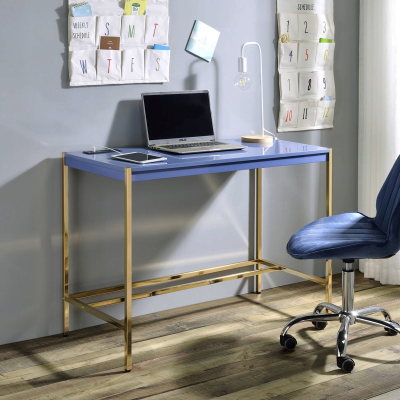 Bureau d'écriture bleu marine et doré avec ports USB, Bleu marine / doré