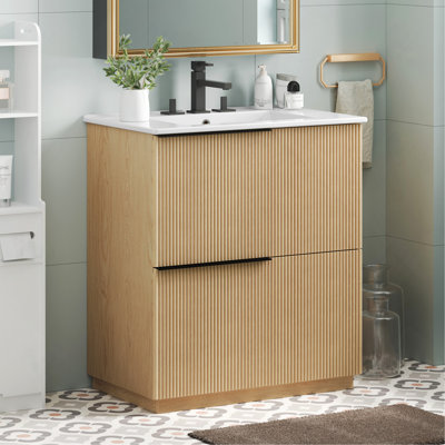 Meuble-lavabo de 30 po avec lavabo en céramique et tiroirs pleine extension, glissières de tiroir à fermeture en douceur, conception cannelée, naturel
