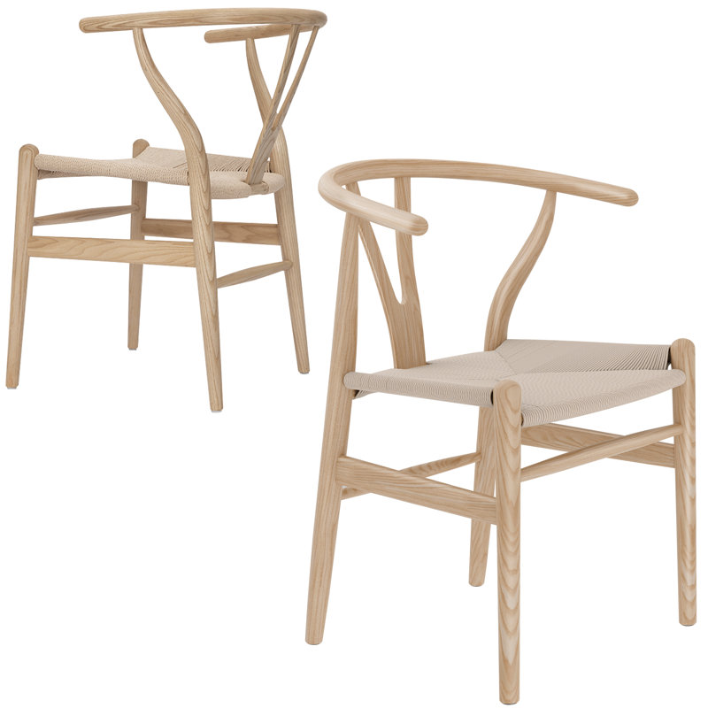 Solid Wood Dining Chair, Mid-Century Chair, Cream/Natural Wood