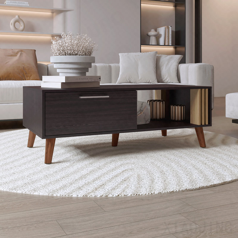 Table basse de 47 po de largeur en wengé noir et chêne naturel avec porte d'armoire