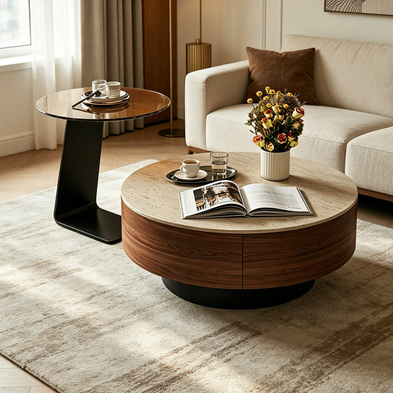 Table basse French French Premium, 13" H x 27.55" W x 27.55 D, Beige/Tan/Brown/Black