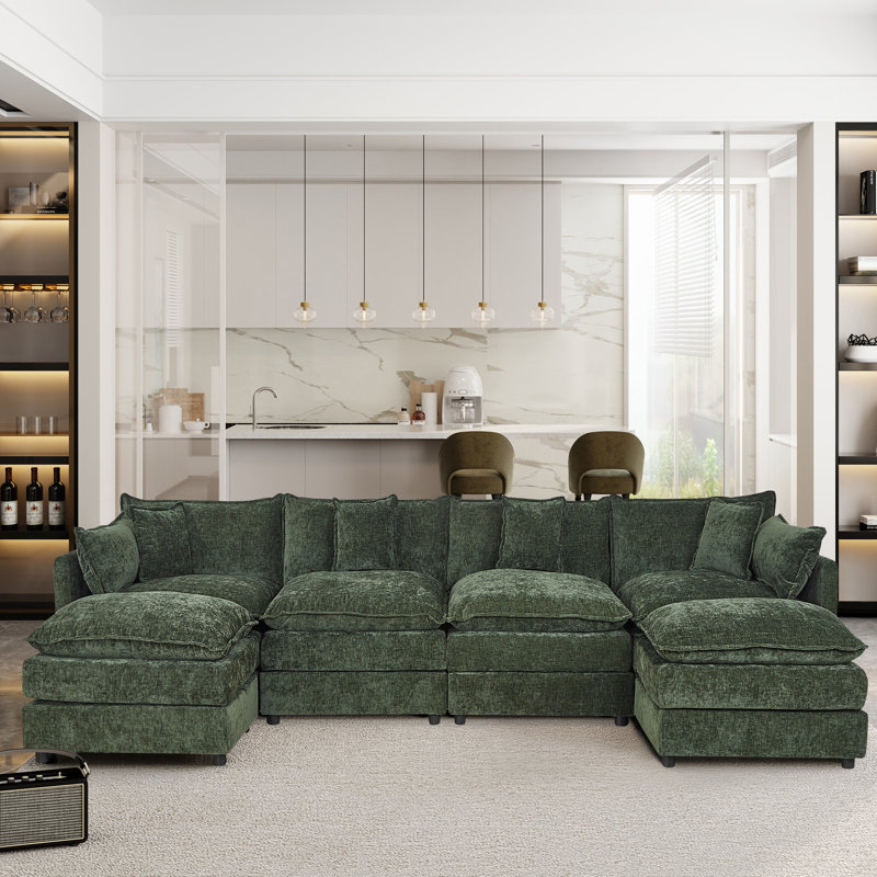 Modern Chenille Loveseat Sofa Couch With Ottoman, 33.85" H x 147.22" W x 35.82" D, Green Chenille
