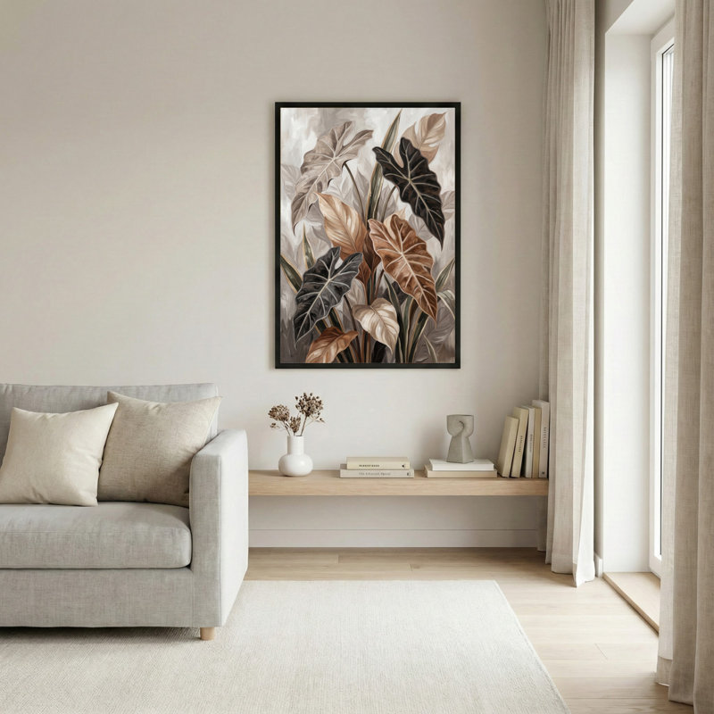 Art mural sur toile noir encadré pour le salon, la chambre à coucher, le bureau ou le vestibule - décoration murale décorative avec motif de feuilles