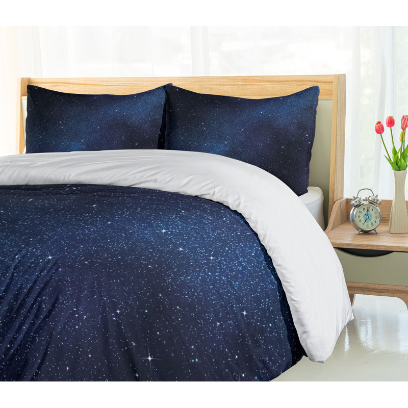 Galaxy Starry Night Dark Blue Microfiber Queen Duvet Set