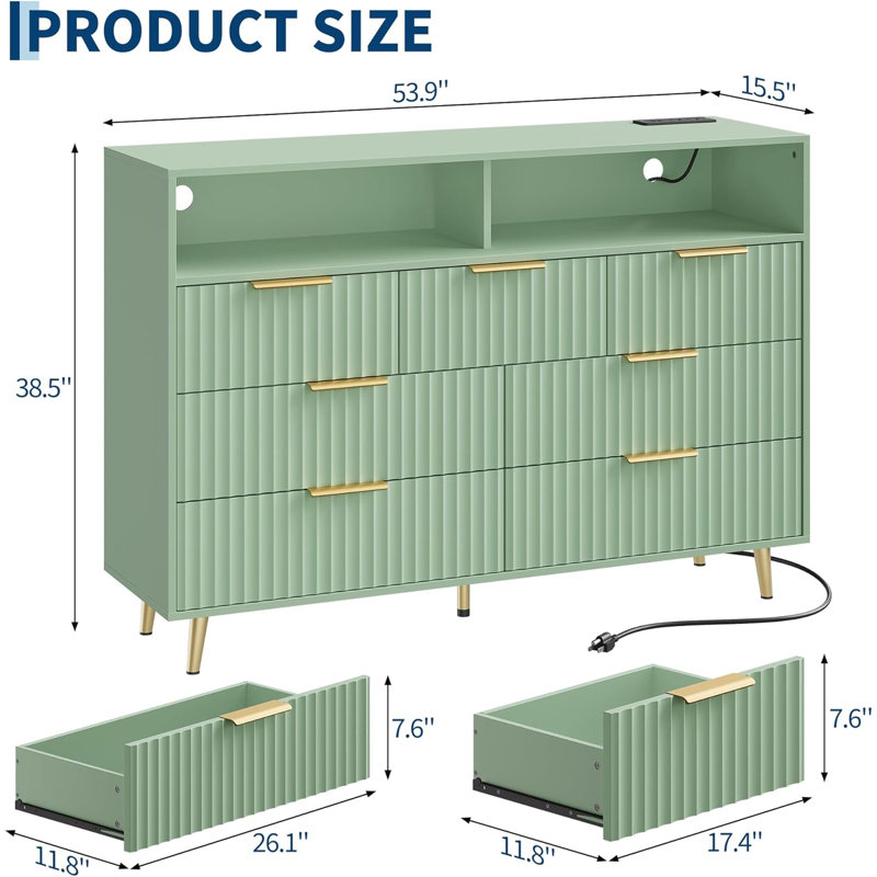 54" Green 7 Drawer Dresser with LED & Charging Station – Fluted Wood Chest for Bedroom, Green