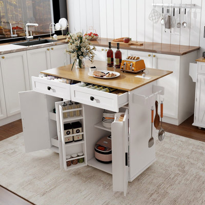 Chariot roulant pour îlot de cuisine avec comptoir pliant, prise de courant, tiroirs et tablettes réglables - Chariot de rangement mobile en MDF avec support à épices et barre à serviettes