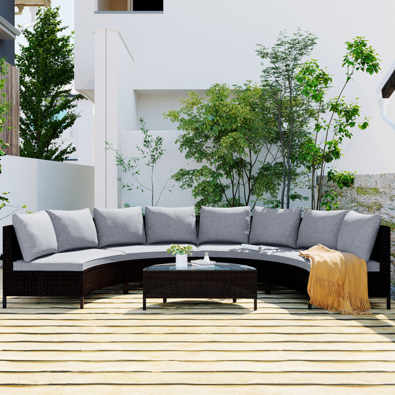 5 Pieces All-Weather Brown PE Rattan Wicker Sofa Set Outdoor Patio Sectional Furniture Set Half-Moon Sofa Set With Tempered Glass Table
