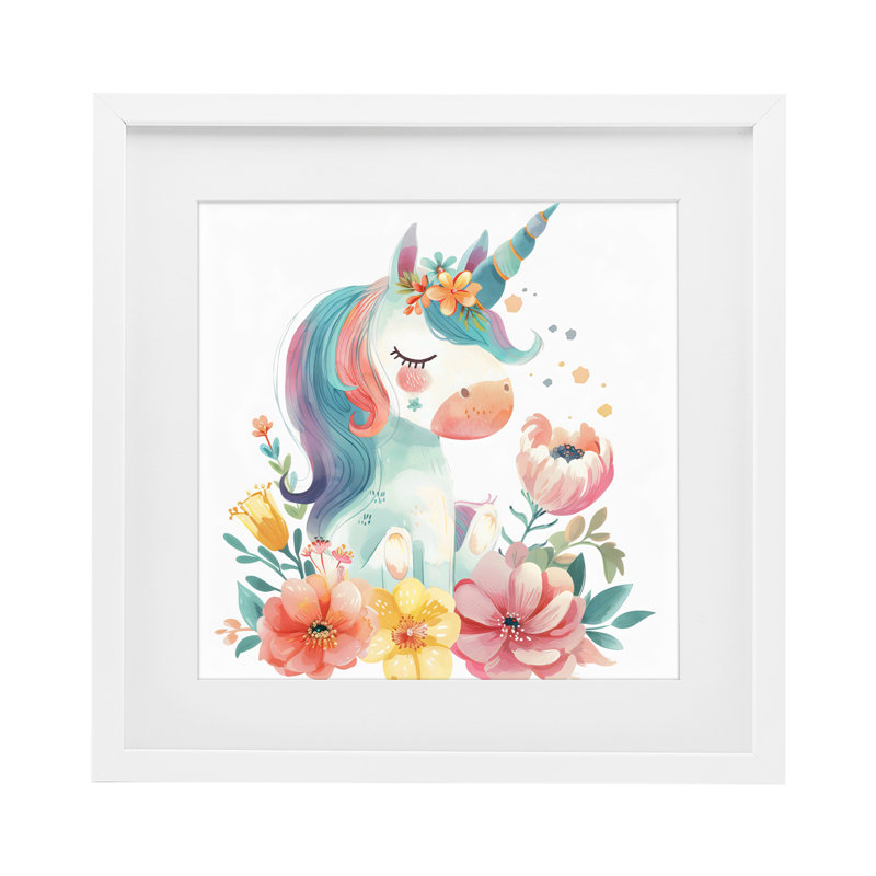 «Whimsical Unicorn with Blossoms», reproduction encadrée sous verre, design by Creative Studio, Cadre blanc côtier