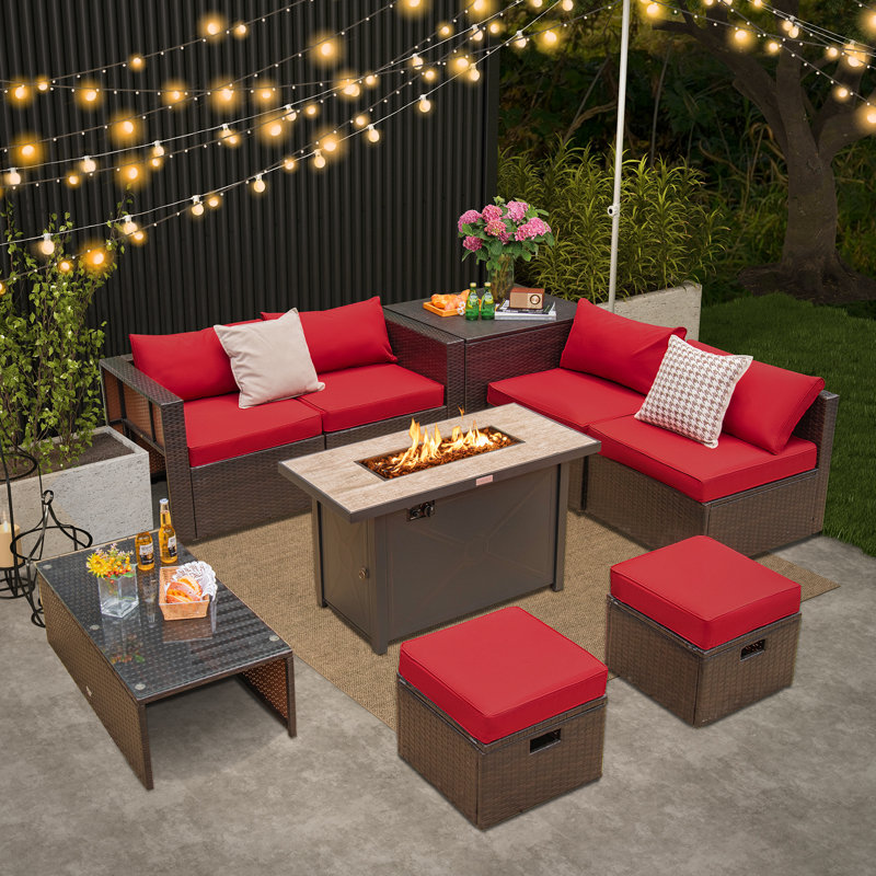 Ensemble de 9 meubles de patio pour l'extérieur avec ensemble de canapé modulaire en osier PE de 42 po, Rouge