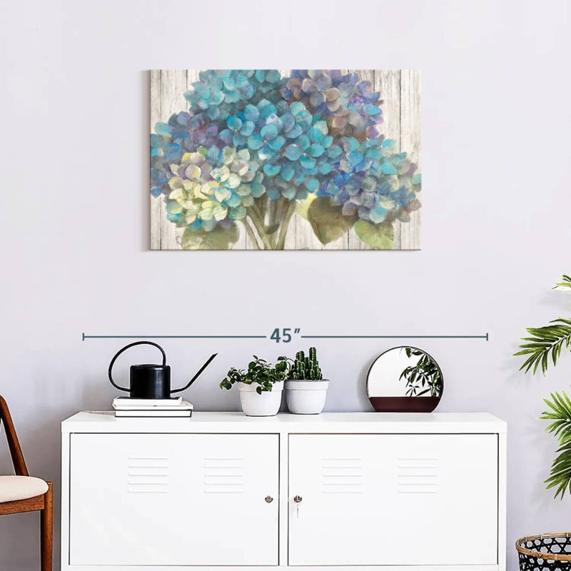 Harnek Turquoise Hydrangea On Barn Board, 20" H x 30" W