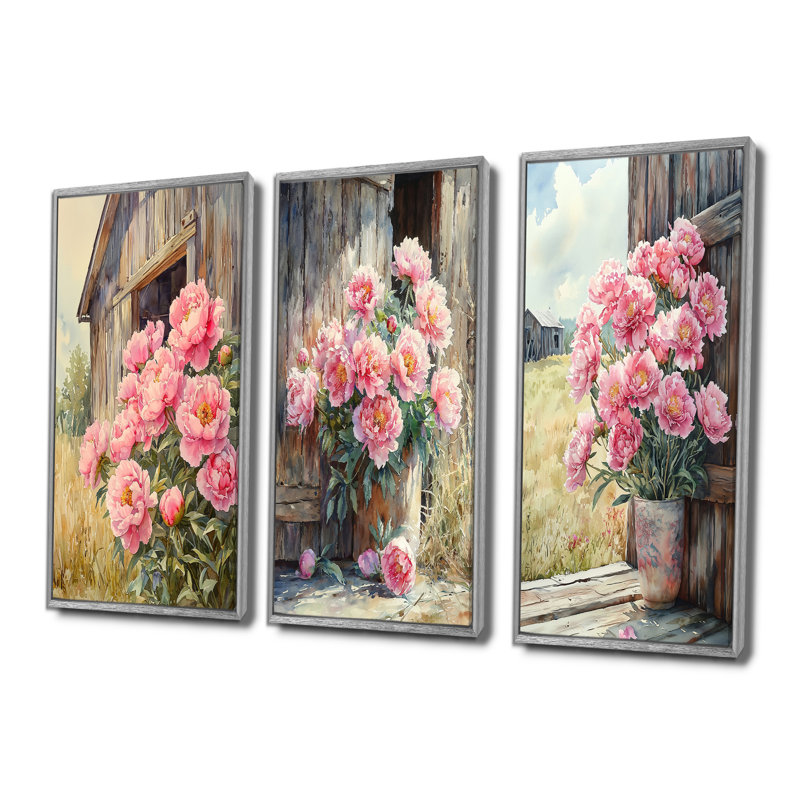 Pivoines dans la brise de basse-cour I - Collection d'art mural traditionnel, H 32 po x l 48 po, Argent argent