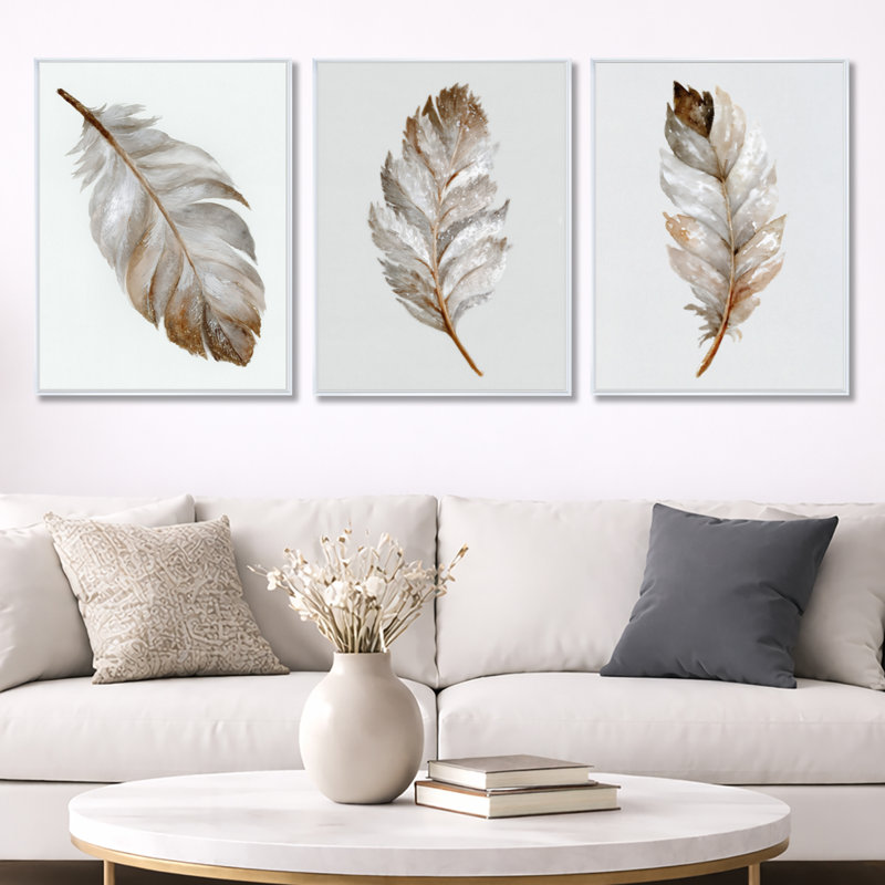 «Brown Watercolor Feather Elegance», art mural encadré 3 panneaux Glam, White Floater Framed, 32" H x 72" W