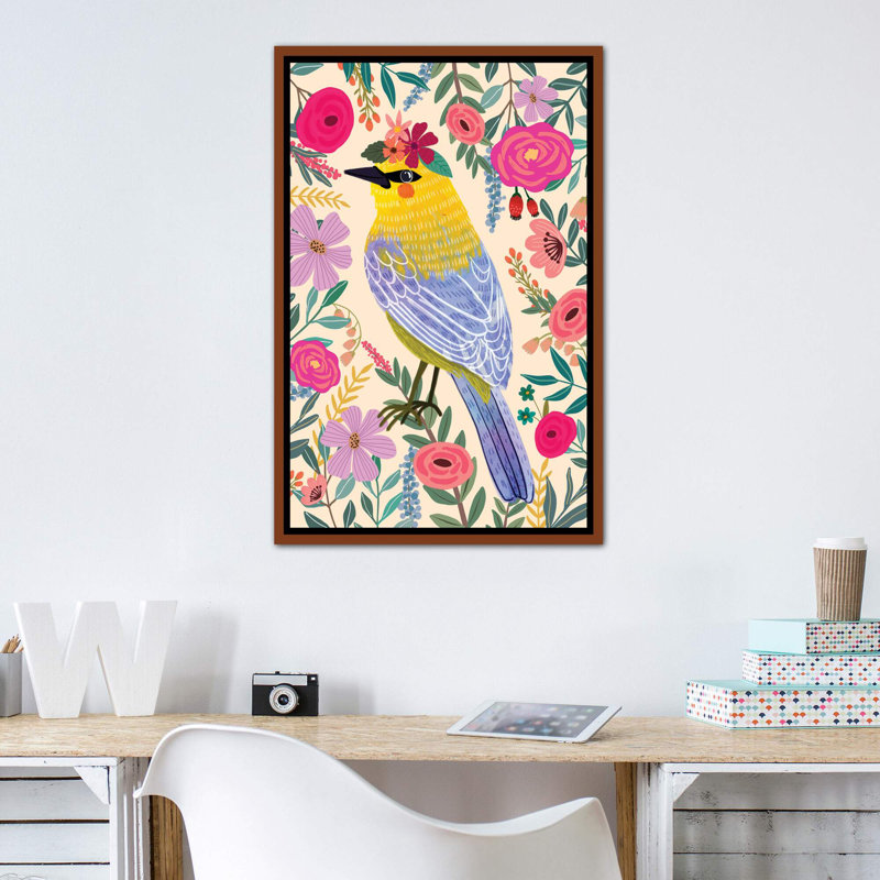 Warbler par Mia Charro - impression d'art graphique, Toile avec cadre en bois classique, H 40 po x l 26 po x P 1,5 po