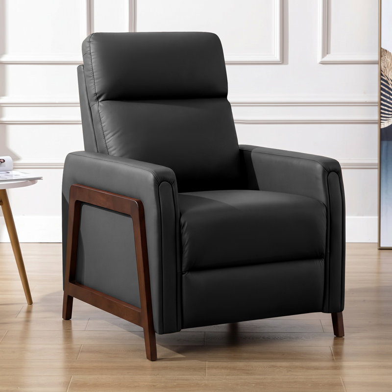 Mid-Century Modern Push-Back Wood-Framed Leather Recliner, Black