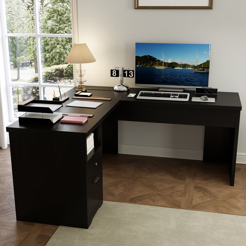 Deyra 56'' W L-Shaped Desk Lift Top Design, Black