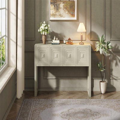 Console géométrique sculptée de 55 po de largeur avec tiroirs, table d'entrée avec 3 tiroirs à fermeture en douceur et pieds cannelés, canapé moderne en bois de pin pour salon, vestibule